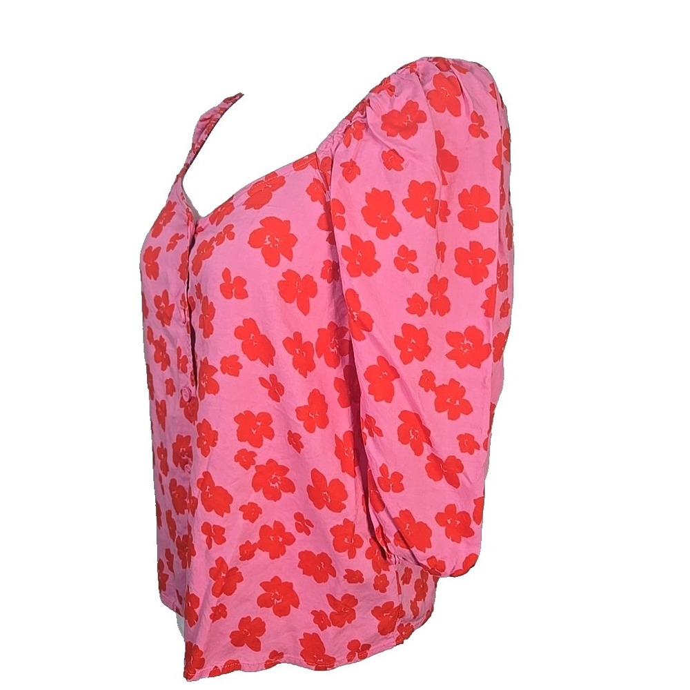 Sanctuary Pink Red Floral Crayon Poplin 3/4 Sleeve Button Front Crop Top Medium - Picture 2 of 7